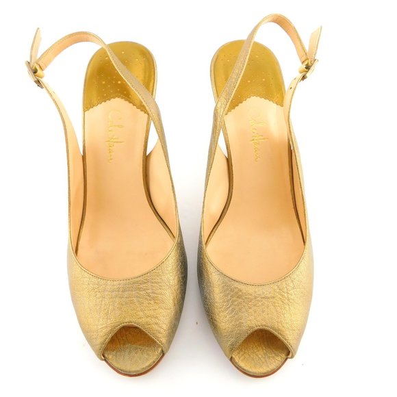COLE HAAN Nike Air Blush Gold Leather Peep Toe Platform Sling Back Heel Pump 8.5 - Picture 3 of 10